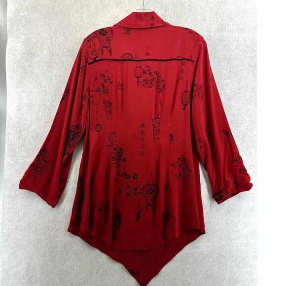 Soft Surroundings Small Tunic Top Pagoda Asian Wrap Button V Neck Red Black - Picture 4 of 9